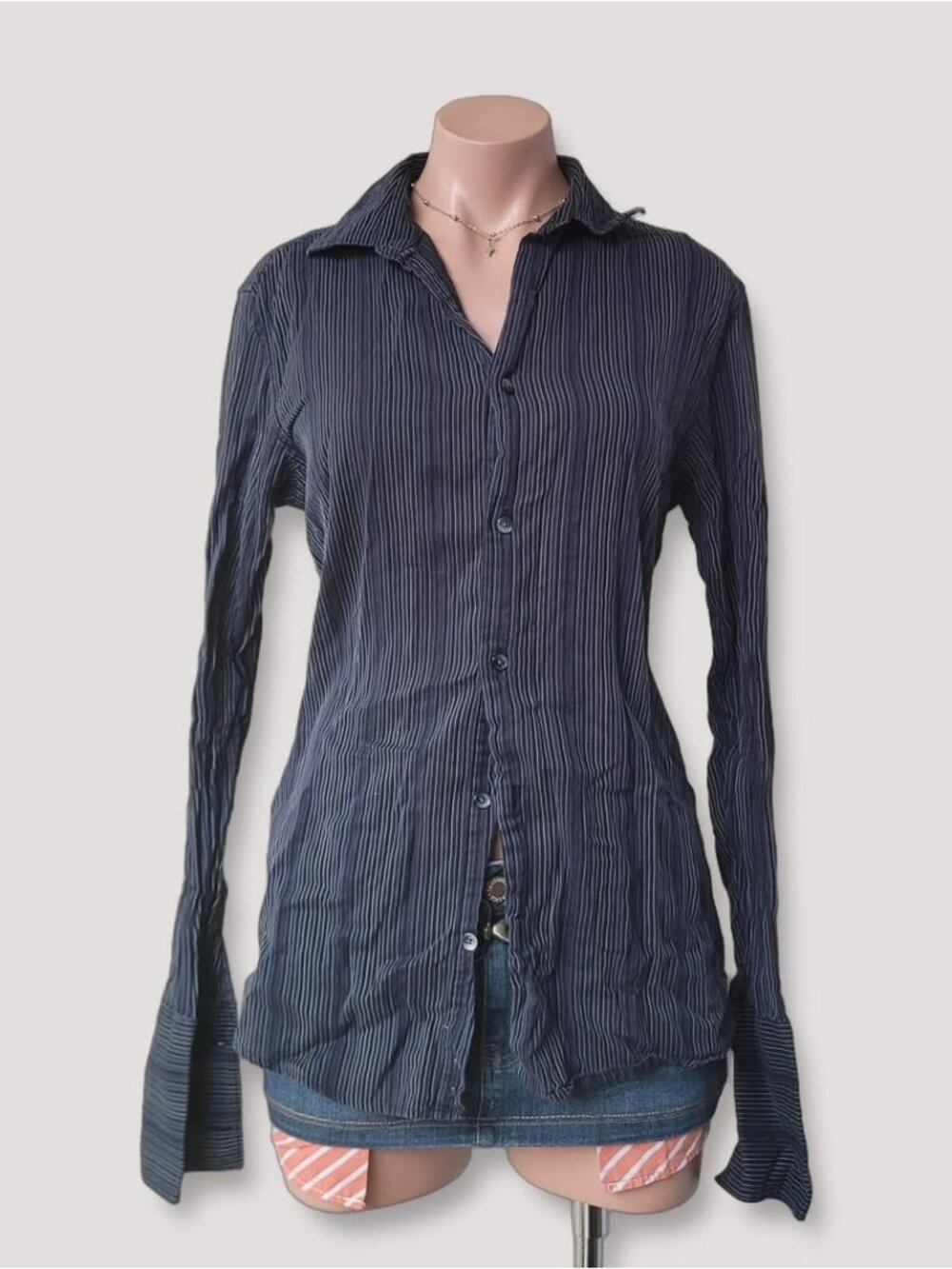 Vintage Calvin Klein Blue Stripe Slim Fit Long Sleeve Shirt S